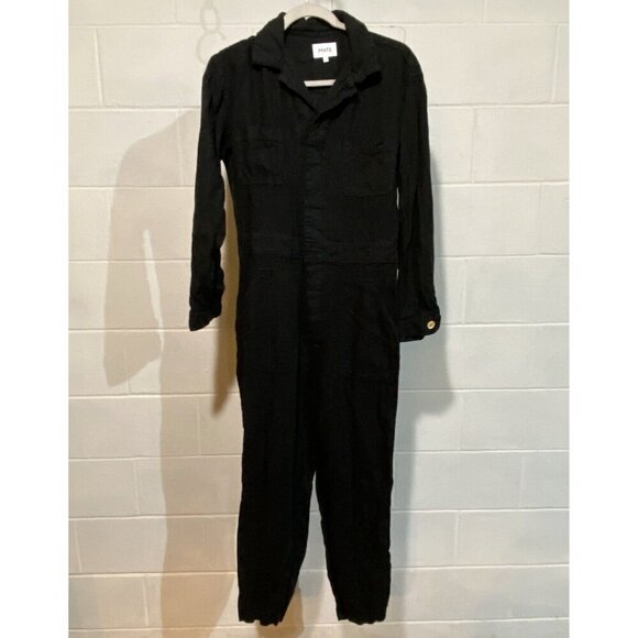Mate The Label Women's Linen LS Jumpsuit SMALL Black Cropped Organic Pockets - Picture 2 of 10